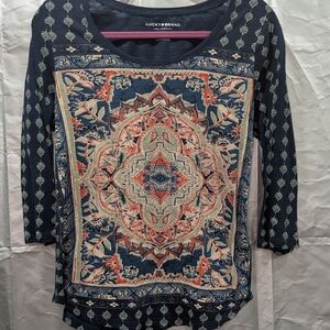 Lucky Brand Women's Blue and Coral Patterned Long Sleeve Top